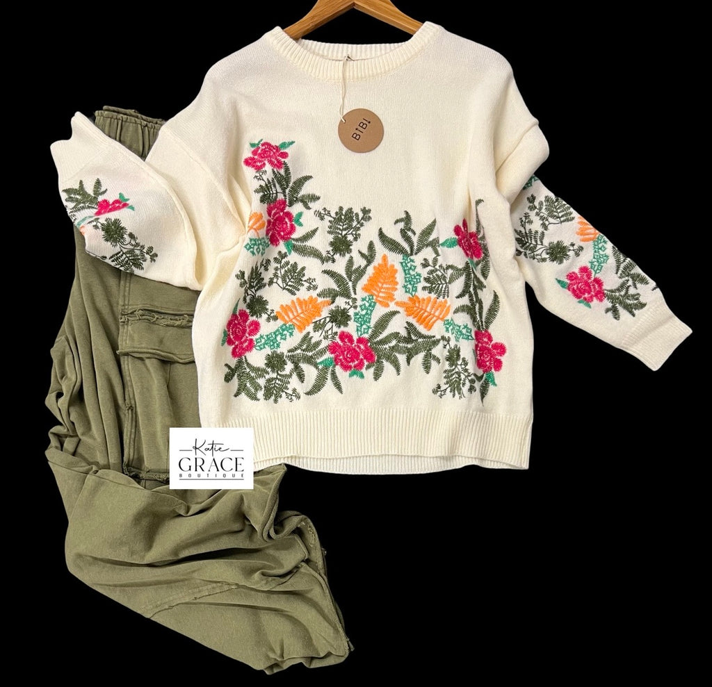 "Aliya"  Embroidered Sweater - The Katie Grace Boutique