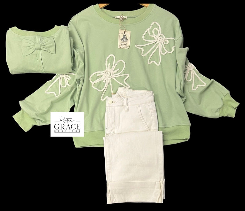 "Karsyn" Bow Embroidered Pullover, Sage - The Katie Grace Boutique