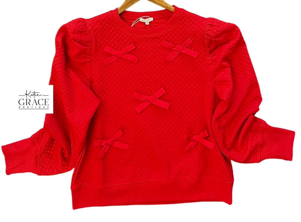 "Harper" Textured Top with Bows, Red - The Katie Grace Boutique