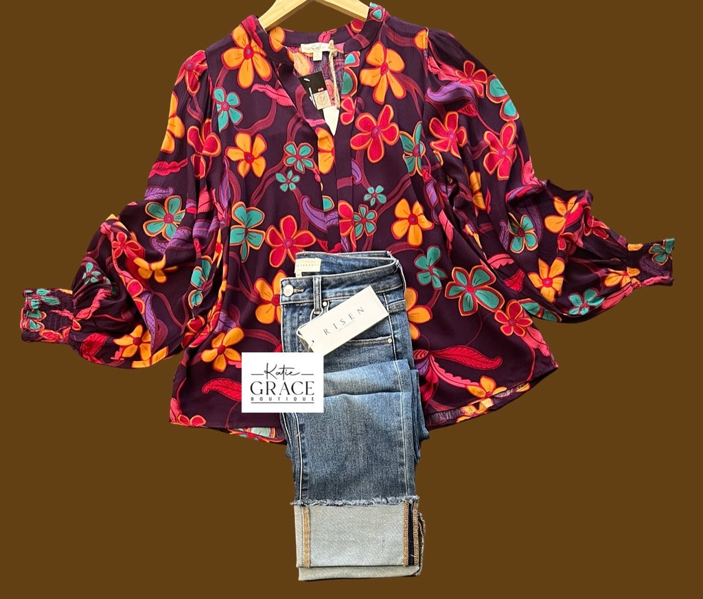 "Ana" Bold  Floral Blouse - The Katie Grace Boutique