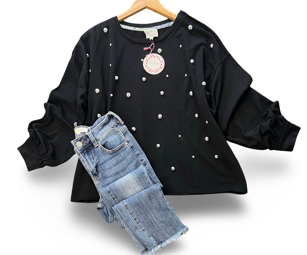 "Shea" Silver Embellished Top - The Katie Grace Boutique