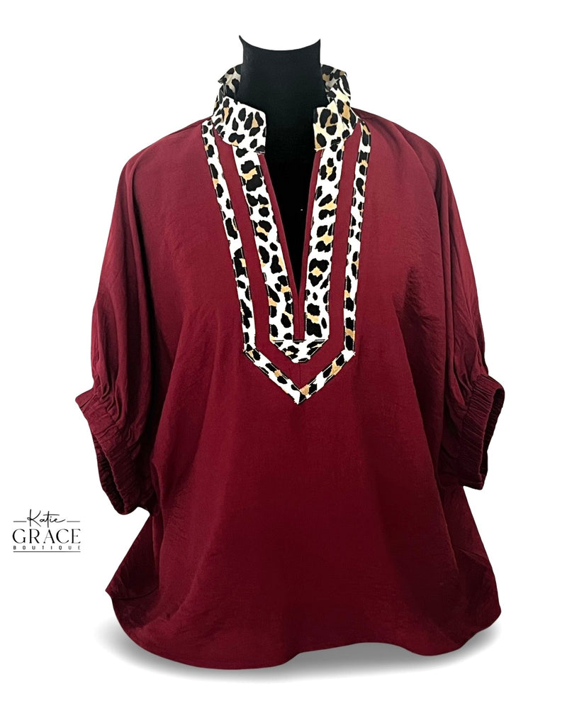 "Terry"  Leopard Trim Dolman Blouse