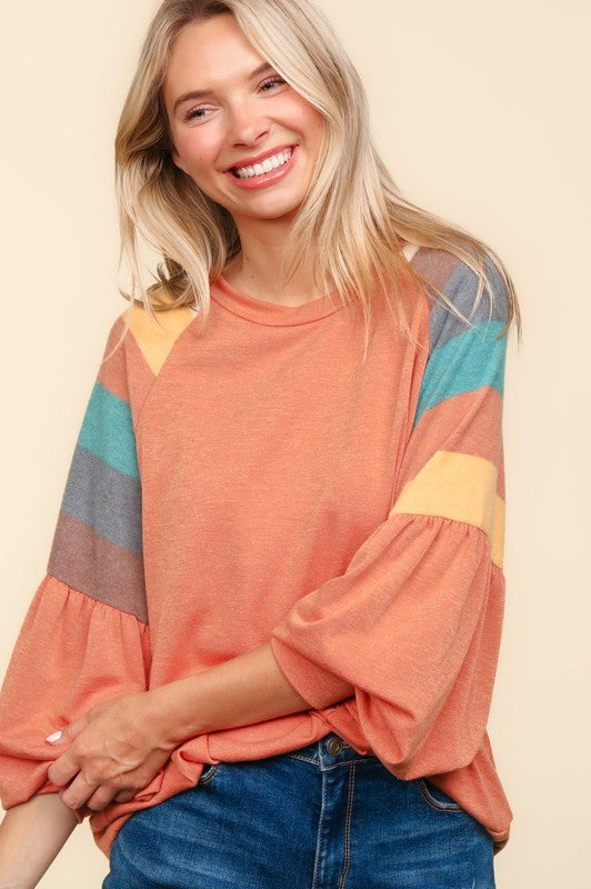 "Mallorie" Striped Sleeve Top, Plus - The Katie Grace Boutique