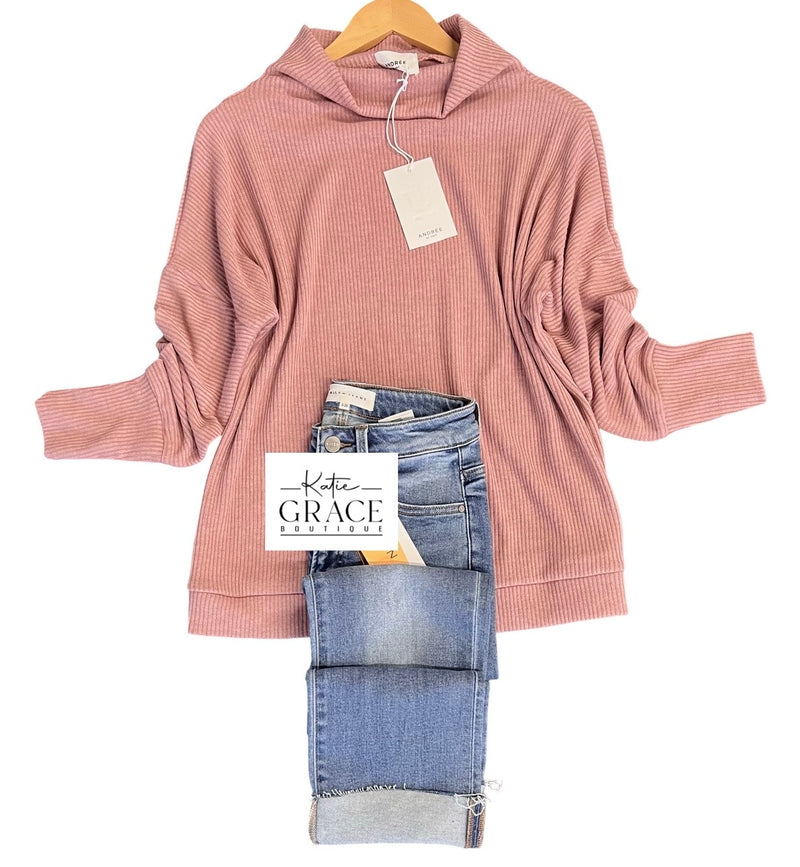 "Natalie" Ribbed Mock Neck Top, Blush - The Katie Grace Boutique