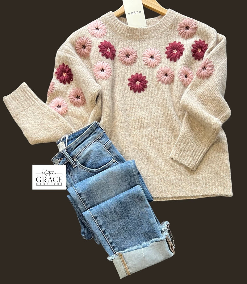 "Pollie" Embroidered Sweater - The Katie Grace Boutique