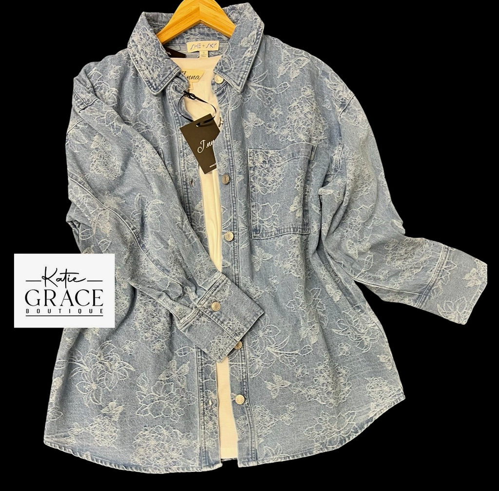 "Ellen" Embroidered Shirt Jacket - The Katie Grace Boutique