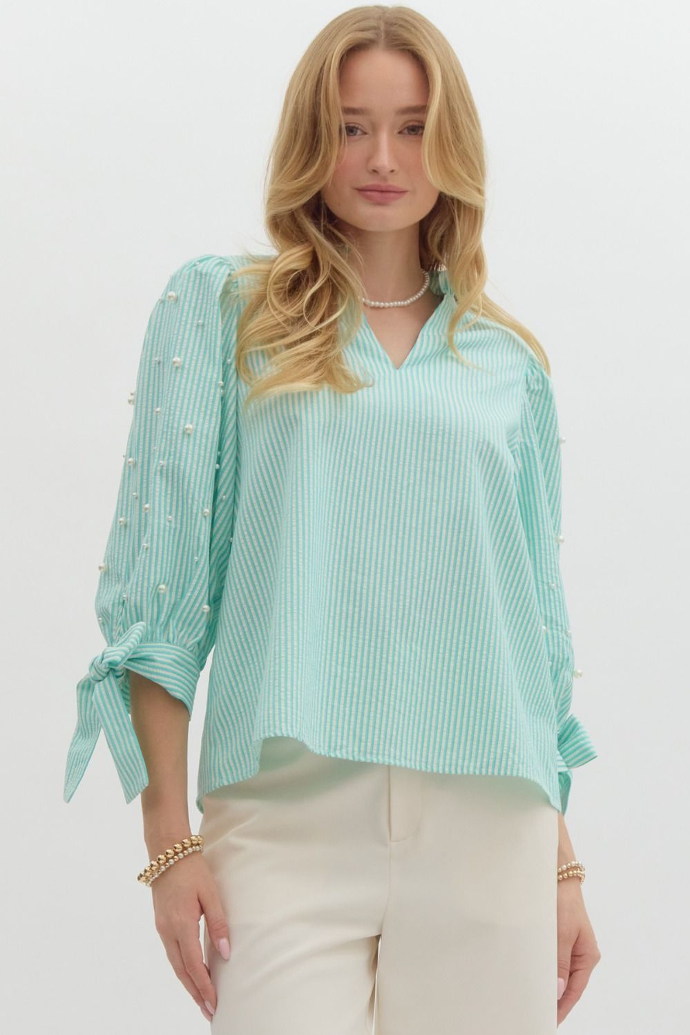 "Pearl" Striped Blouse Pearl Embellishments, Pink