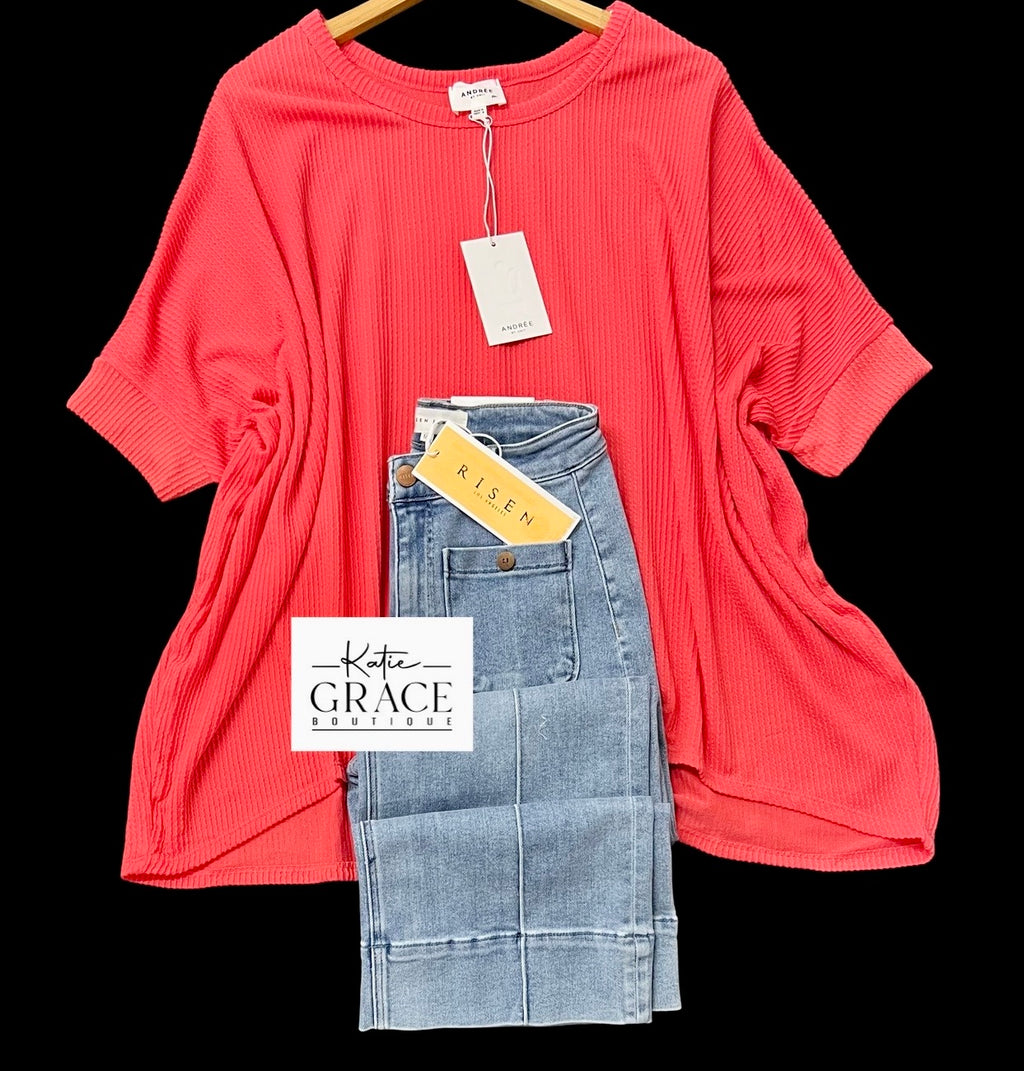 "Theodora" Oversized Dolman Top, Coral - The Katie Grace Boutique