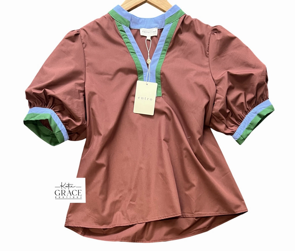 "Mindy" Puff Sleeve Blouse, Chocolate