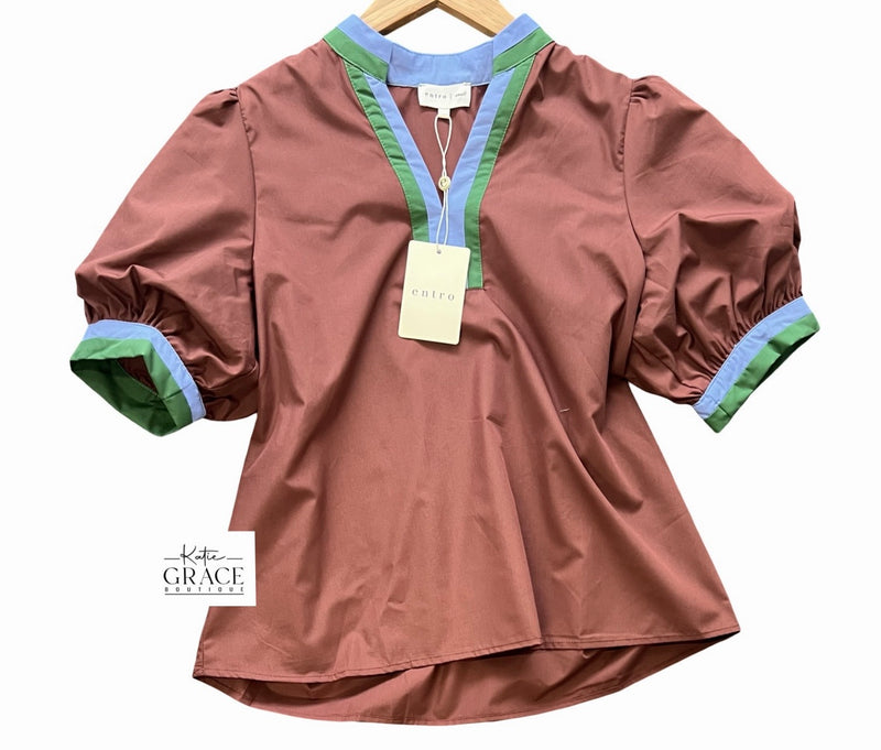 "Mindy" Puff Sleeve Blouse, Chocolate
