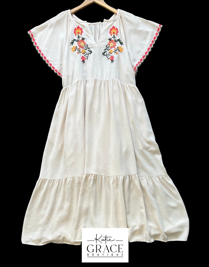 "Pollyana" Embroidered Dress, Cream - The Katie Grace Boutique