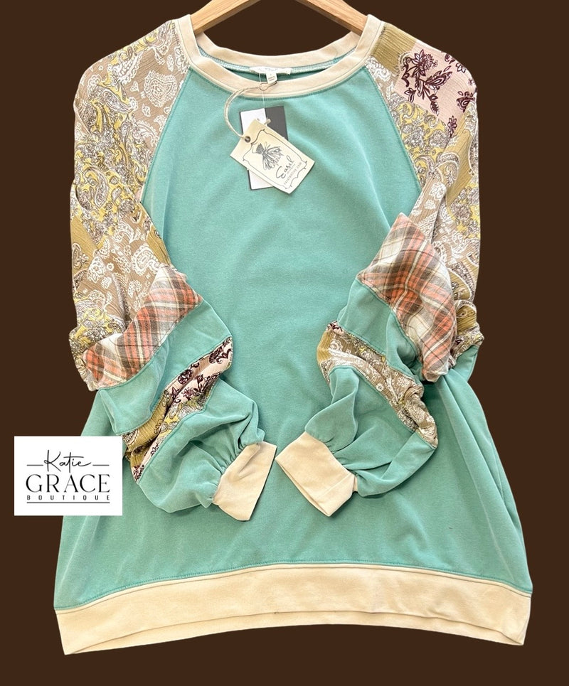 "Kendall" Printed Sleeve Pullover, Mint