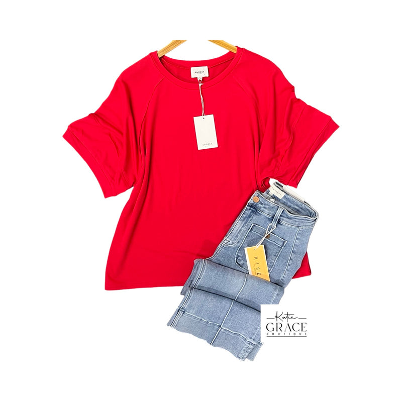 "Amelia" Ultra Soft French Terry Tee, Red - The Katie Grace Boutique