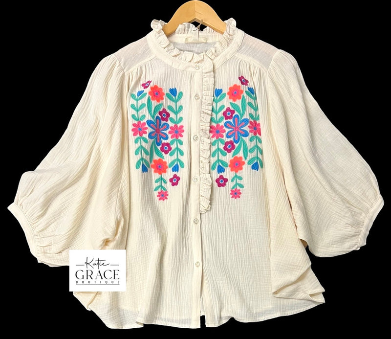 "Melissa" Embroidered Dolman Cotton Blouse - The Katie Grace Boutique