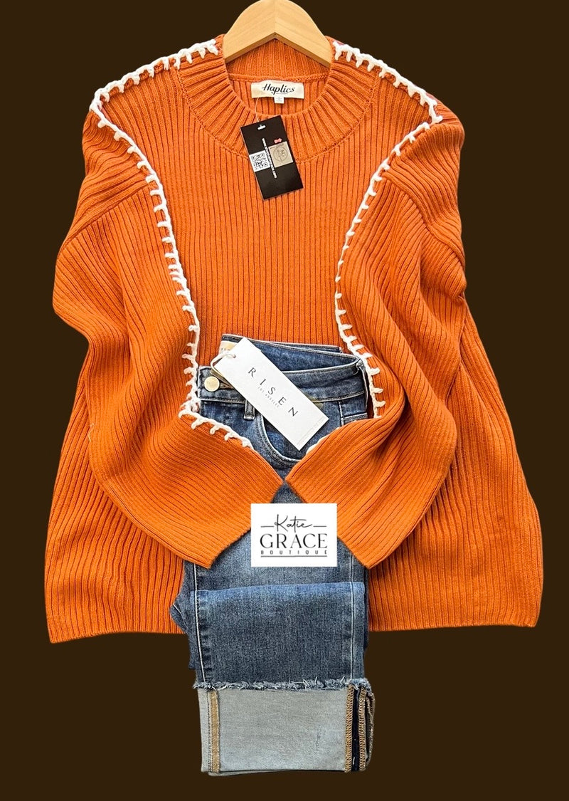 "Rosa" Stitch Detail Sweater, Rust - The Katie Grace Boutique