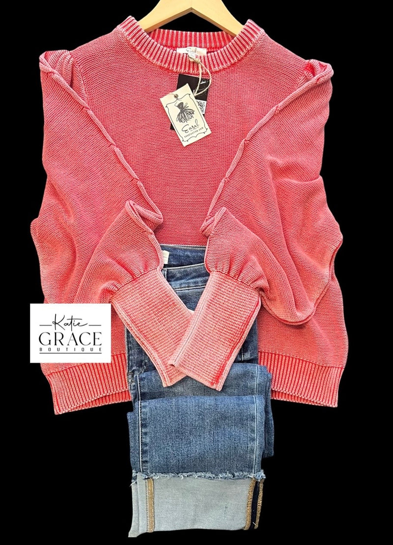 "Aurora" Mineral Washed Sweater, Faded Red - The Katie Grace Boutique