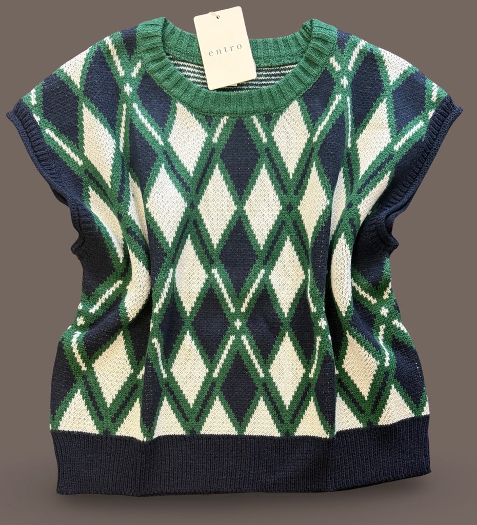 "Athena" Cap Sleeve Argyle Sweater - The Katie Grace Boutique