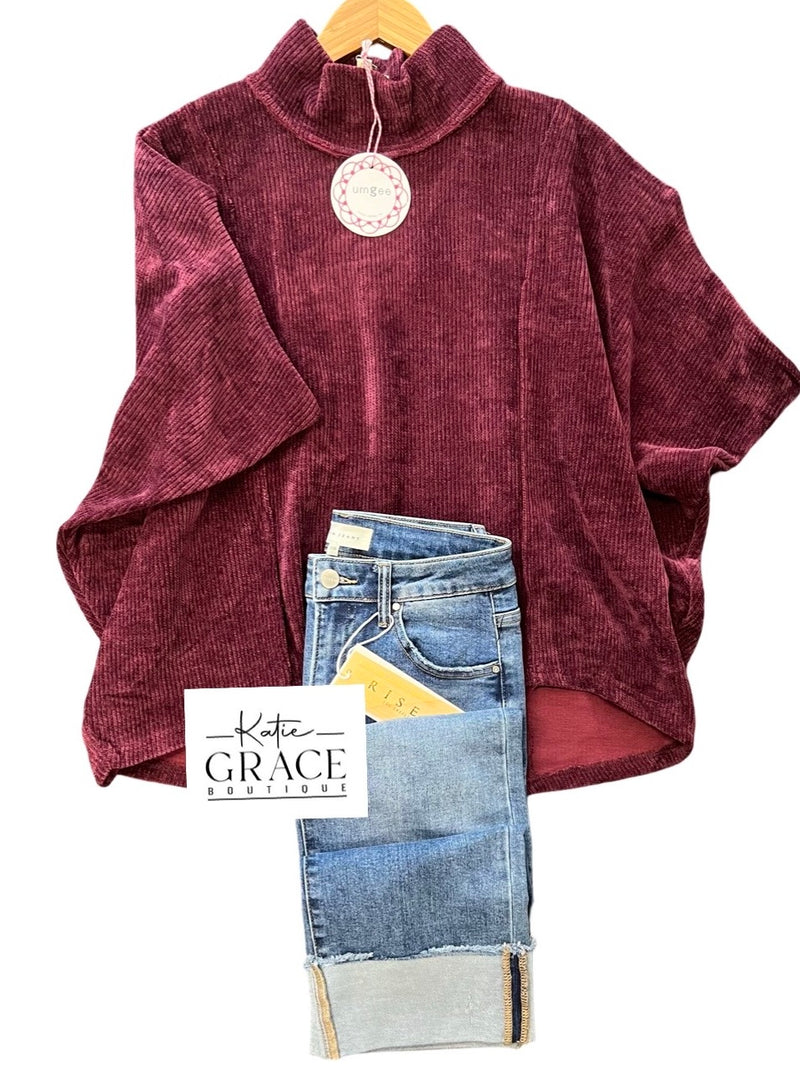 "Avery" Chenille Mock Neck Top, Merlot - The Katie Grace Boutique