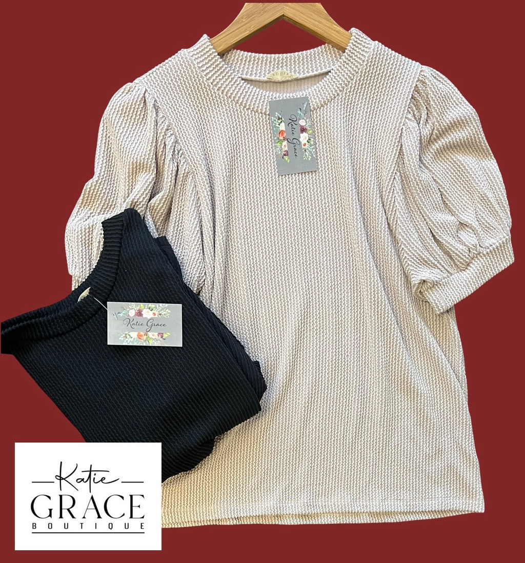 "Payton" Ribbed Knit Puff Sleeve top, 2 colors - The Katie Grace Boutique