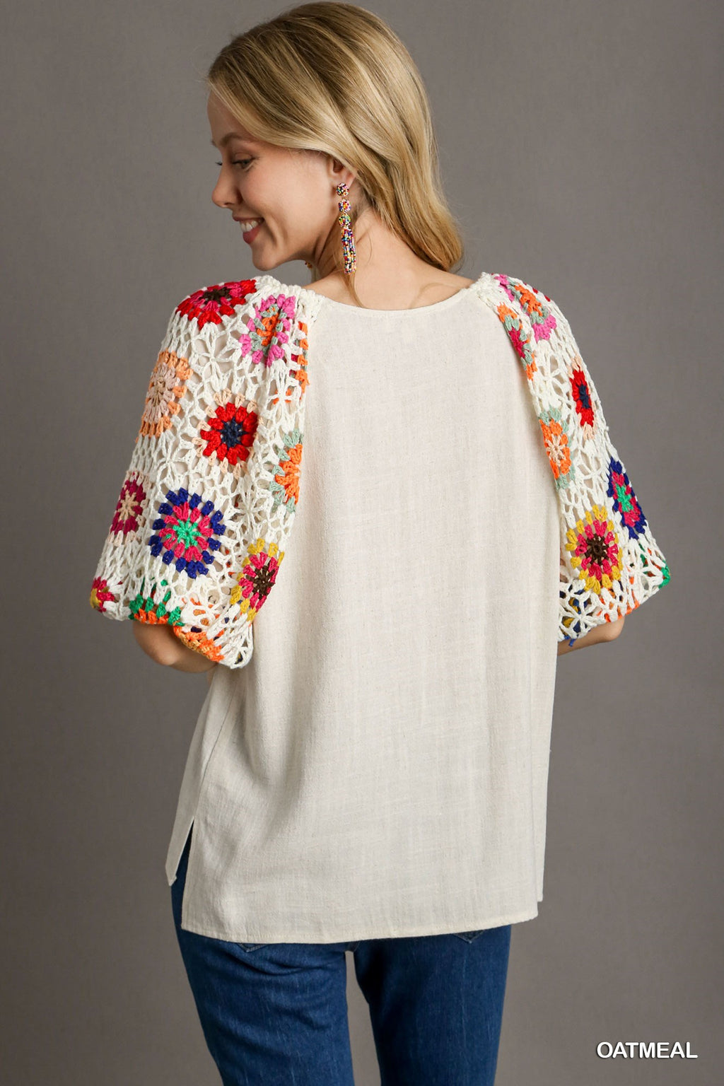 "Merissa" Linen Blouse with Crochet Sleeves - The Katie Grace Boutique