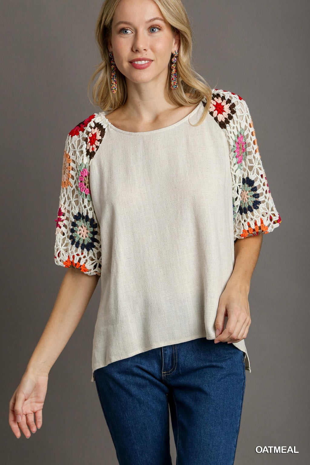 "Merissa" Linen Blouse with Crochet Sleeves - The Katie Grace Boutique