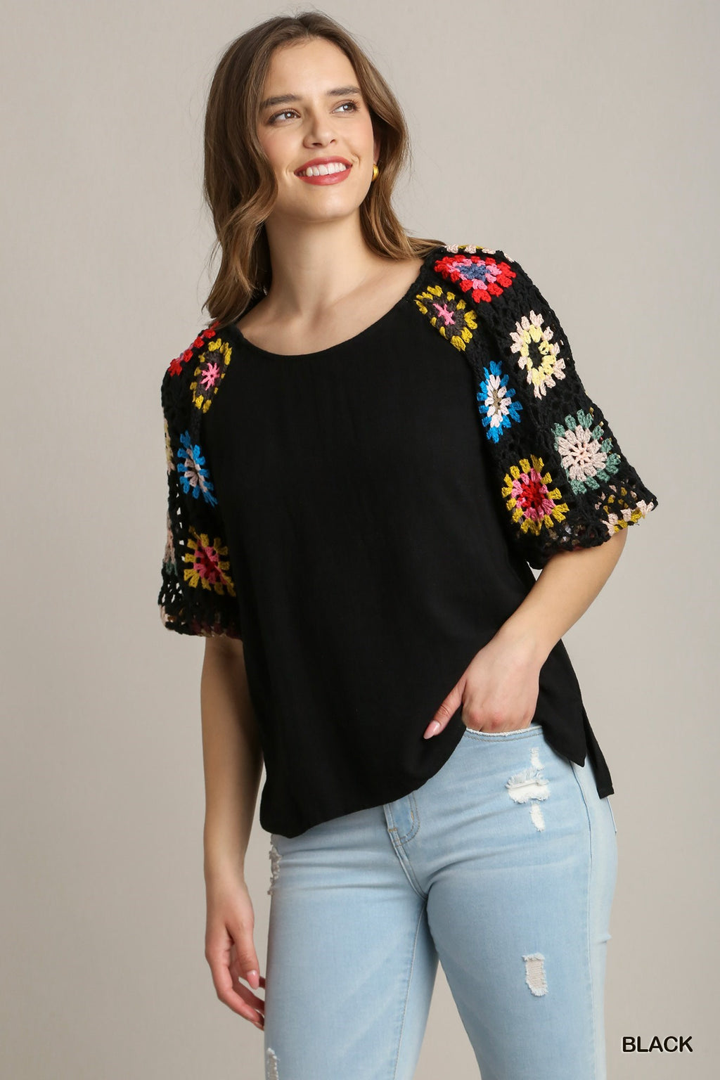 "Merissa" Linen Blouse with Crochet Sleeves - The Katie Grace Boutique