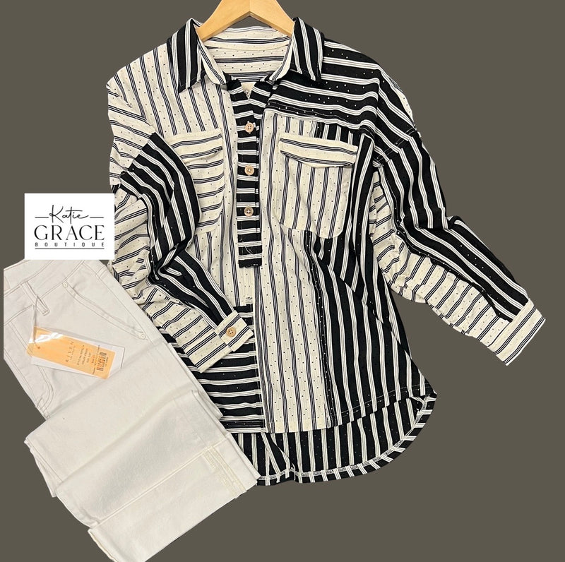 "Raven" Striped Blouse - The Katie Grace Boutique