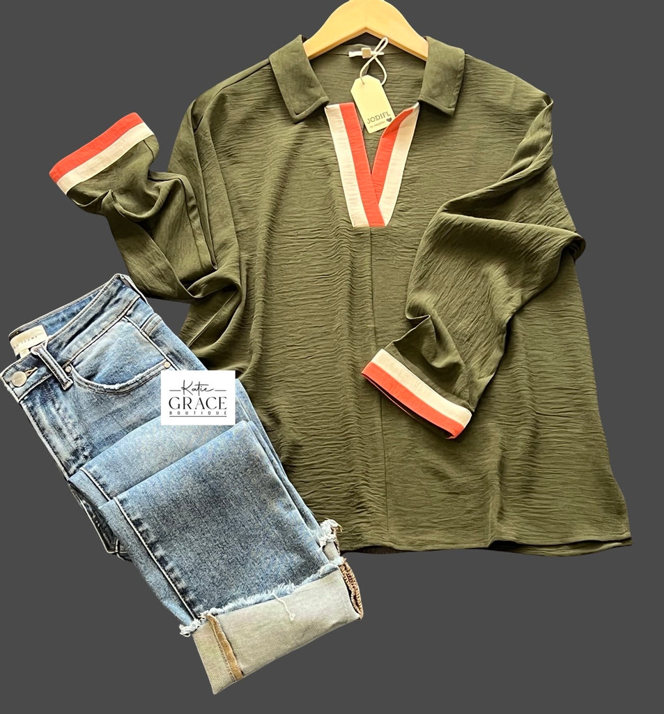 "Tellie" Blouse with Contrast Striping - The Katie Grace Boutique