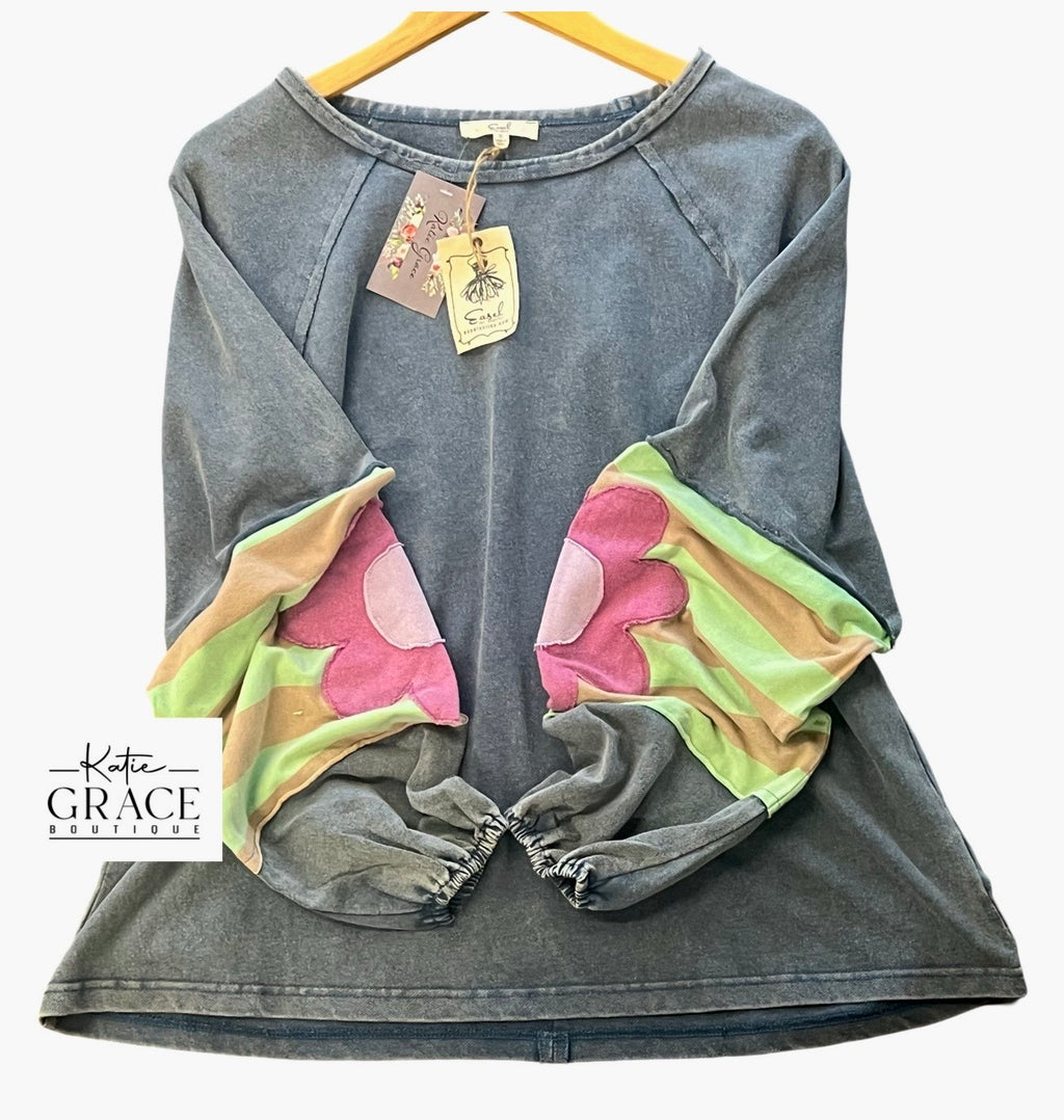 "Melody" Flower Applique' Sleeve Top - The Katie Grace Boutique