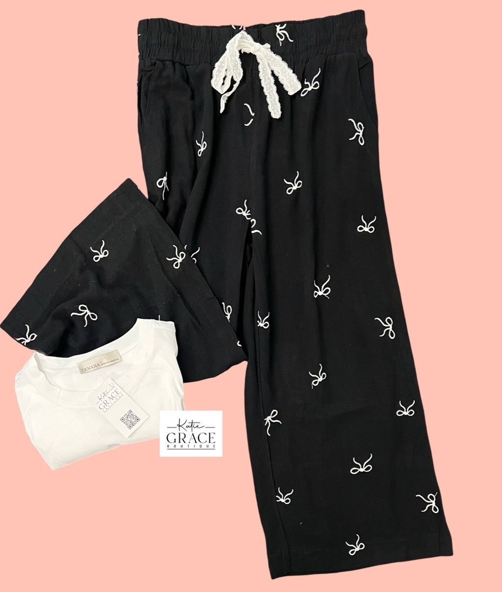 "Daphne" Embroidered Bow Pants - The Katie Grace Boutique