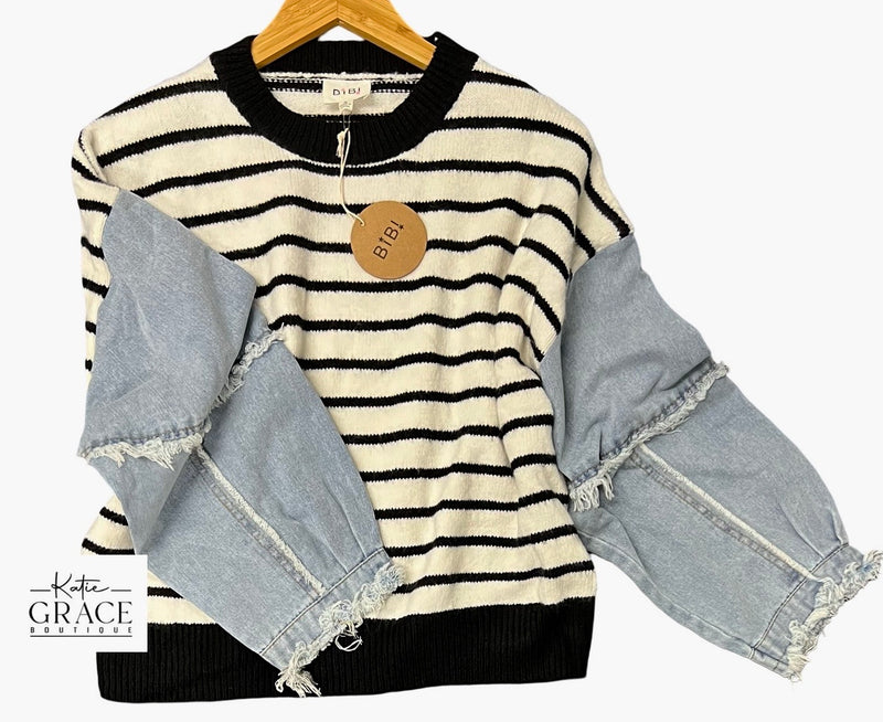 "Rory" Striped Sweater with Denim Sleeves - The Katie Grace Boutique