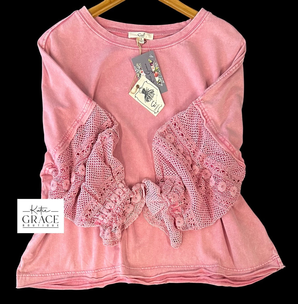 "Nikki" Crochet Sleeve Top, Pink - The Katie Grace Boutique