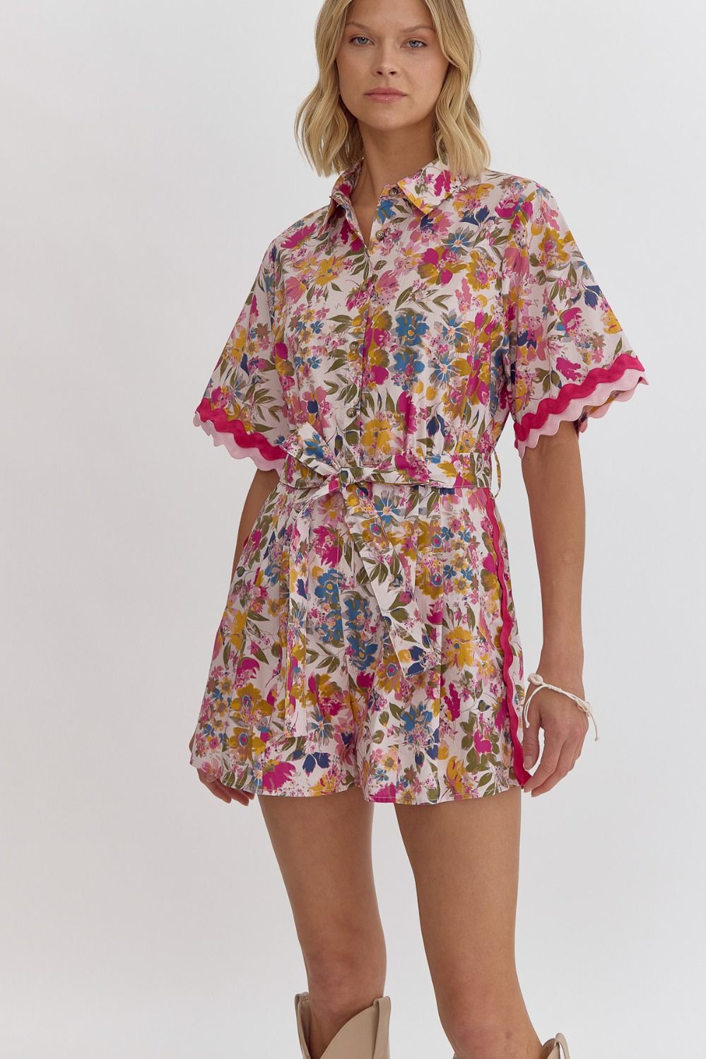 "Darcey" Floral Romper with Ric Rac - The Katie Grace Boutique