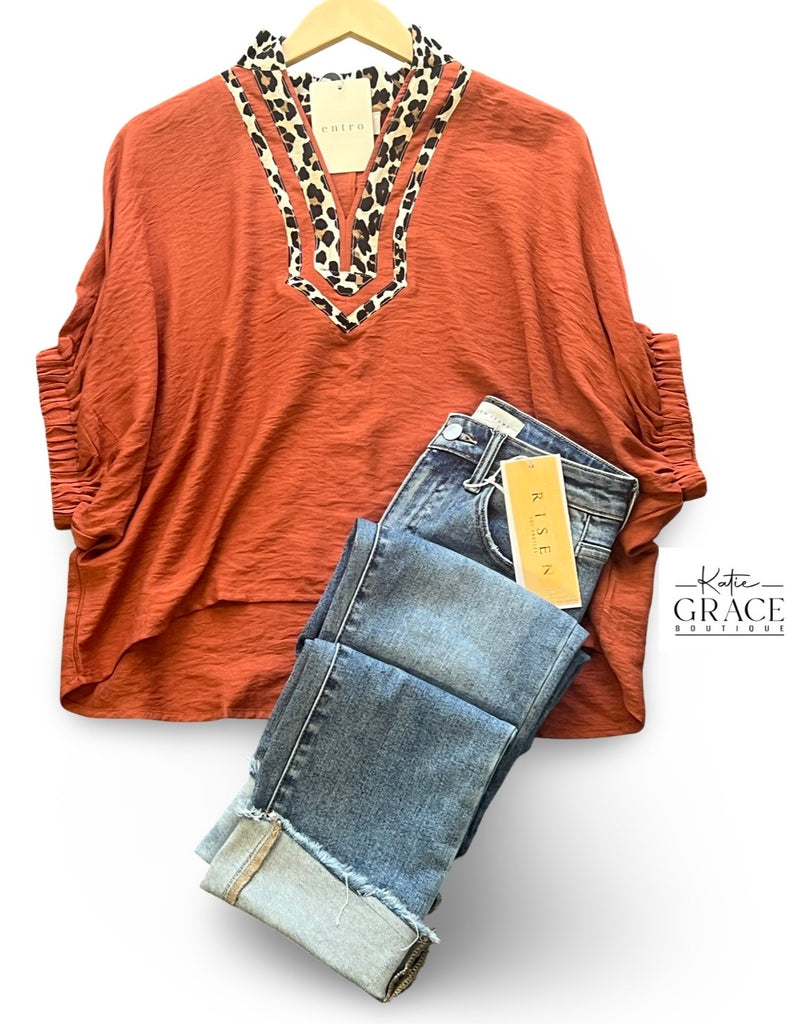 "Gemma" Blouse with Leopard - The Katie Grace Boutique
