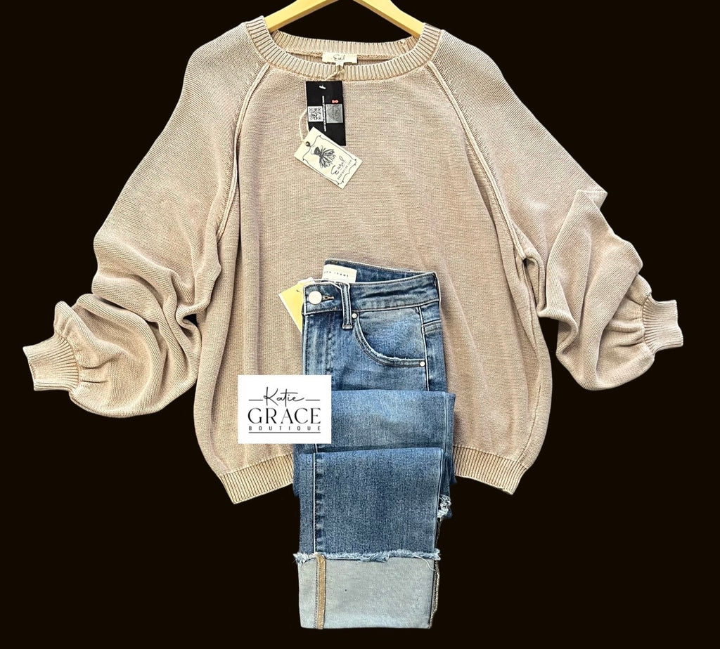 "Charlee" Mineral Washed Sweater, Khaki - The Katie Grace Boutique