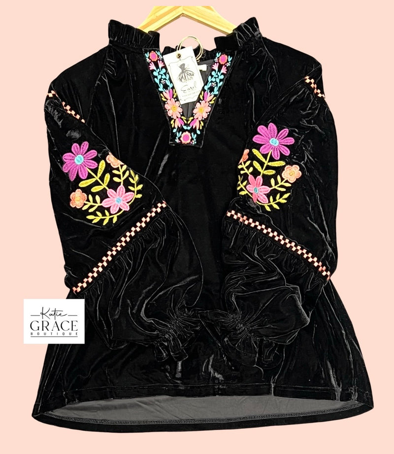 "Rosie" Embroidered Velvet Blouse