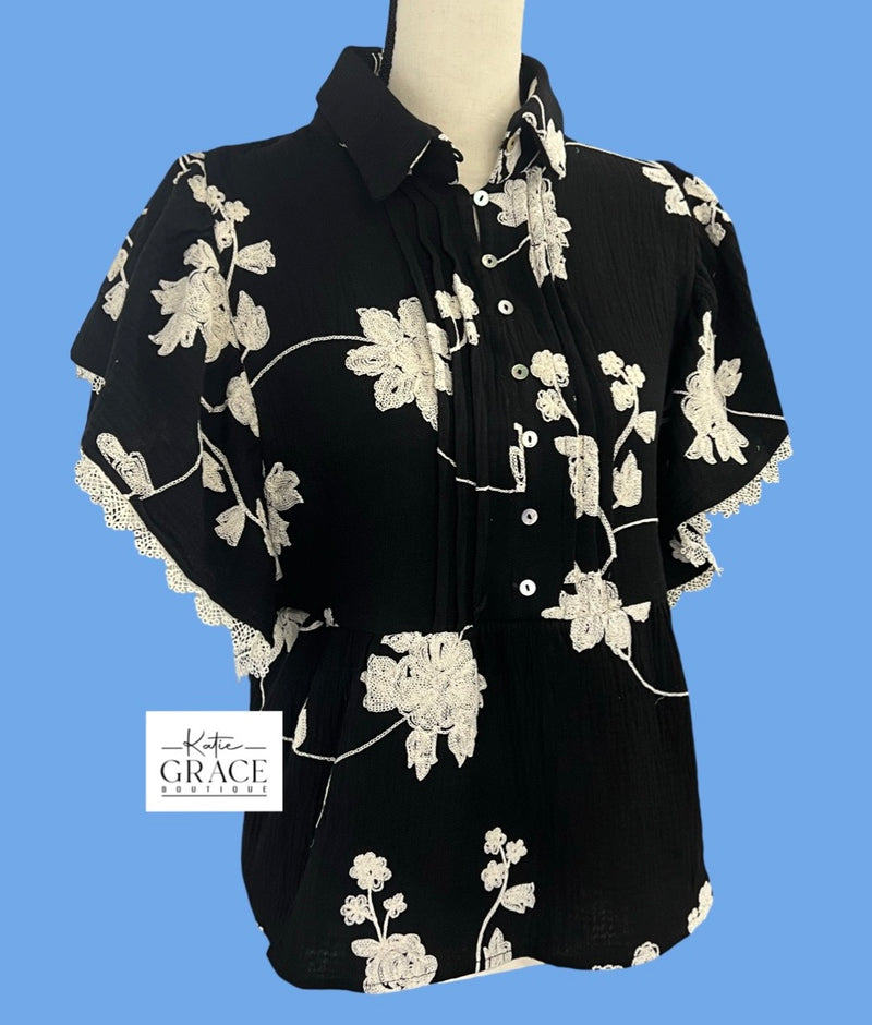 "Lara" Embroidered Cotton Blouse - The Katie Grace Boutique