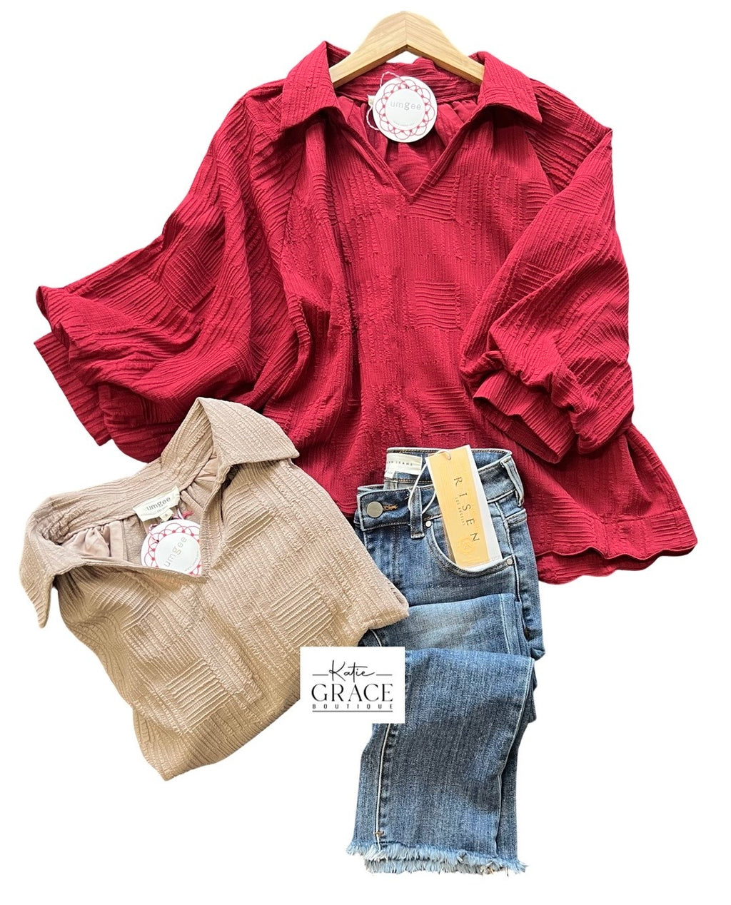 "Trista" Textured Blouse with Scalloped Hem - The Katie Grace Boutique