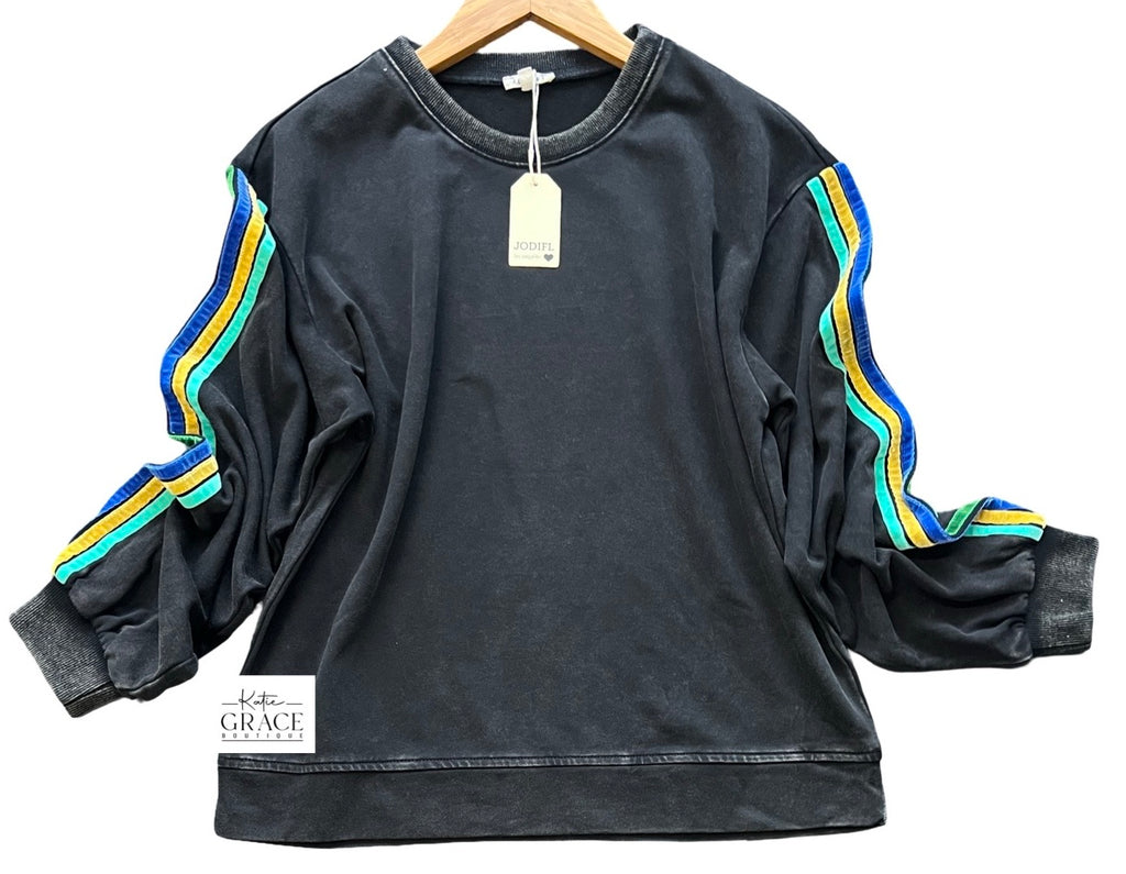 "Rainey" Mineral Washed Pullover with Velvet Stripes - The Katie Grace Boutique