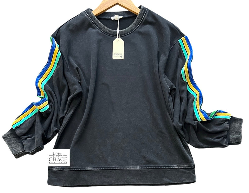 "Rainey" Mineral Washed Pullover with Velvet Stripes - The Katie Grace Boutique