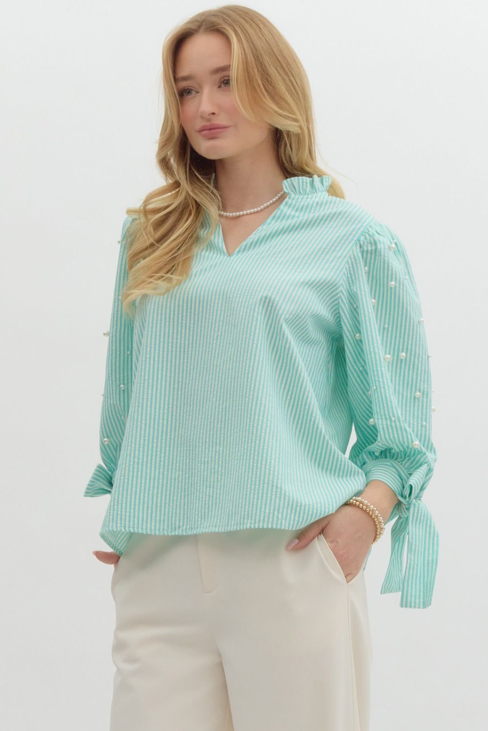 "Pearl" Striped Blouse Pearl Embellishments, Pink