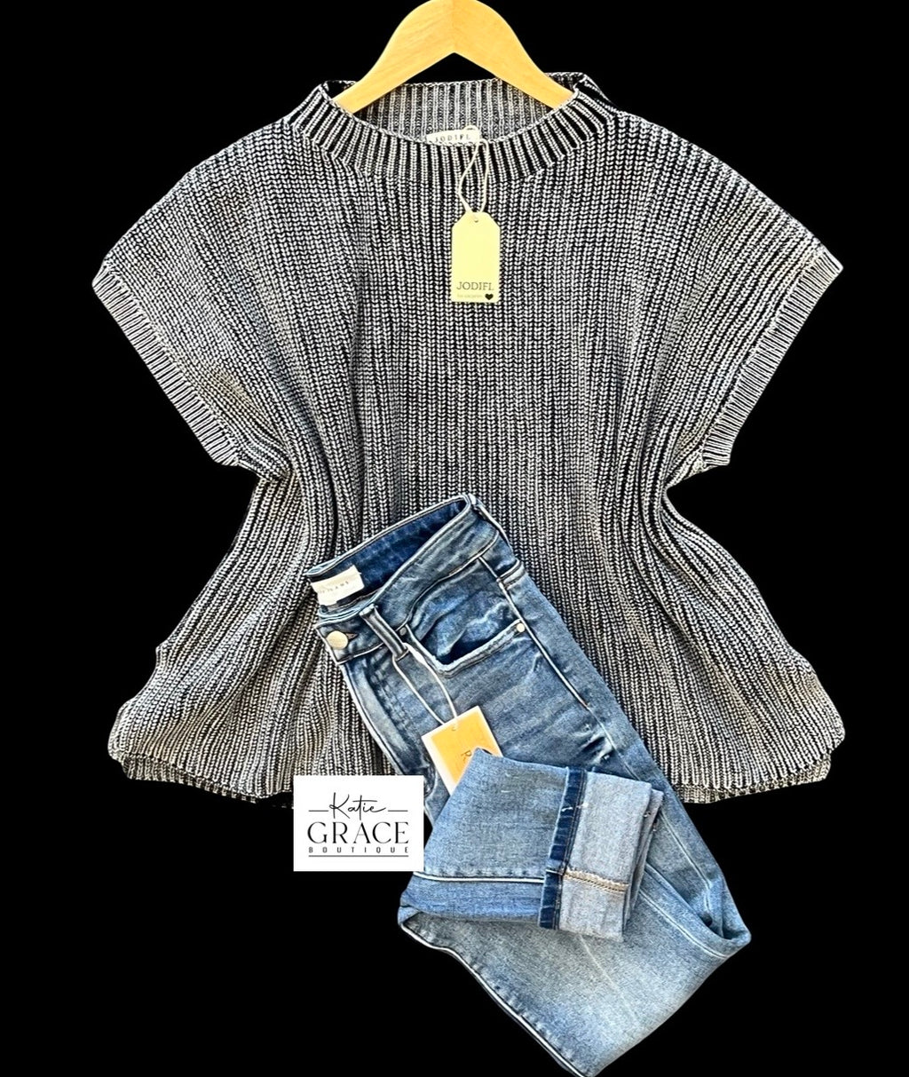 "Stacy" Mineral Washed Cap Sweater - The Katie Grace Boutique