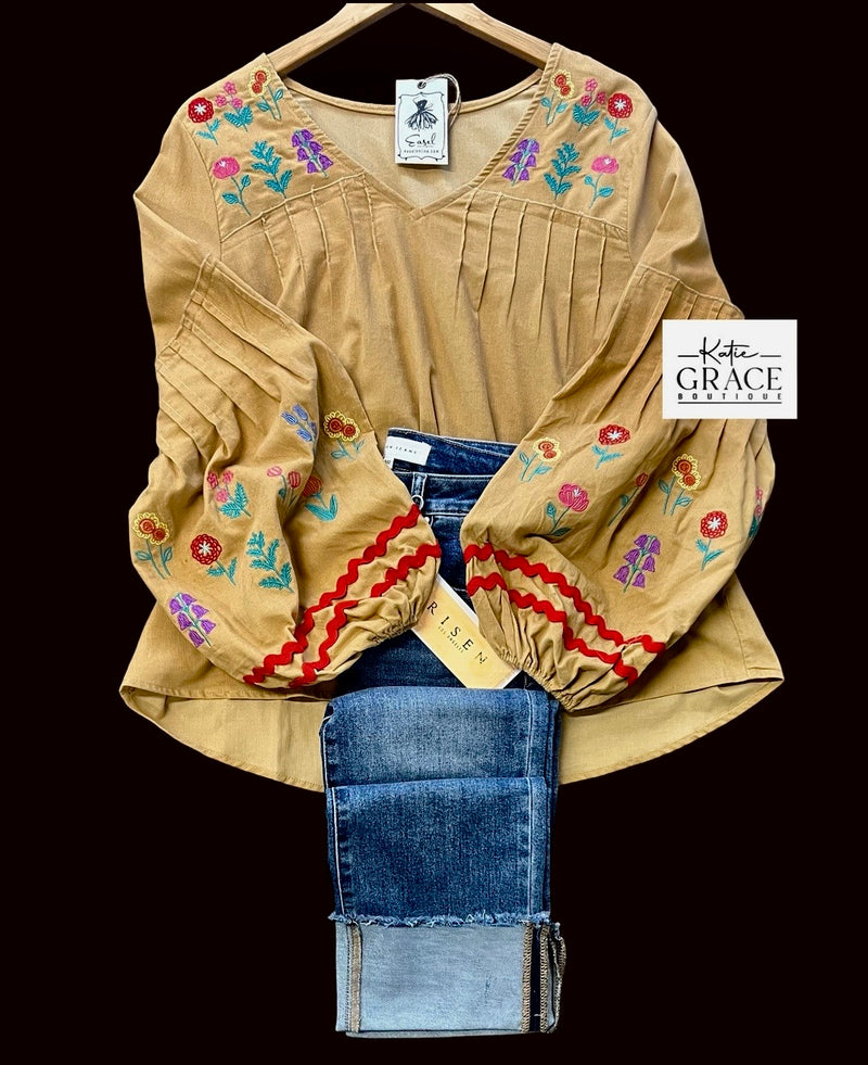 "Meredith" Corduroy Embroidered Blouse - The Katie Grace Boutique