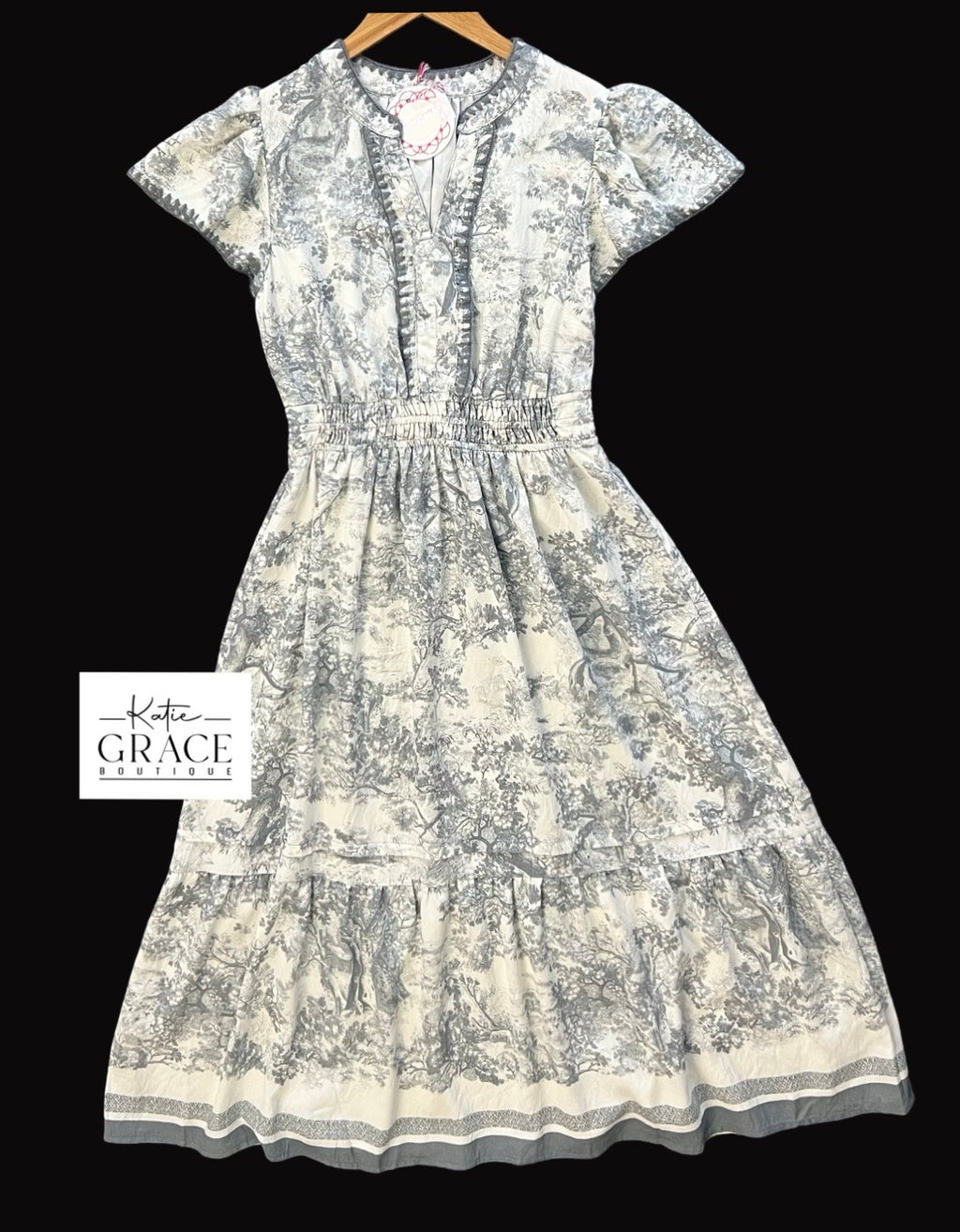 "Sarah" Toile Midi Dress, Charcoal - The Katie Grace Boutique