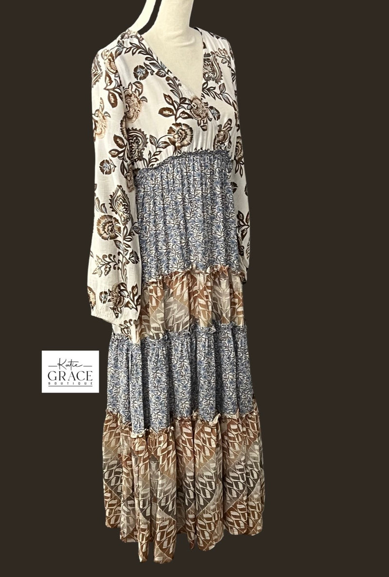 "Alicia" Tiered Mixed Pattern Dress - The Katie Grace Boutique