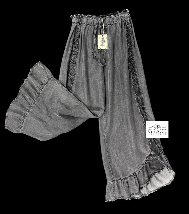 Restocked! "Irma" Tencel Ruffled Pants, Washed Black - The Katie Grace Boutique