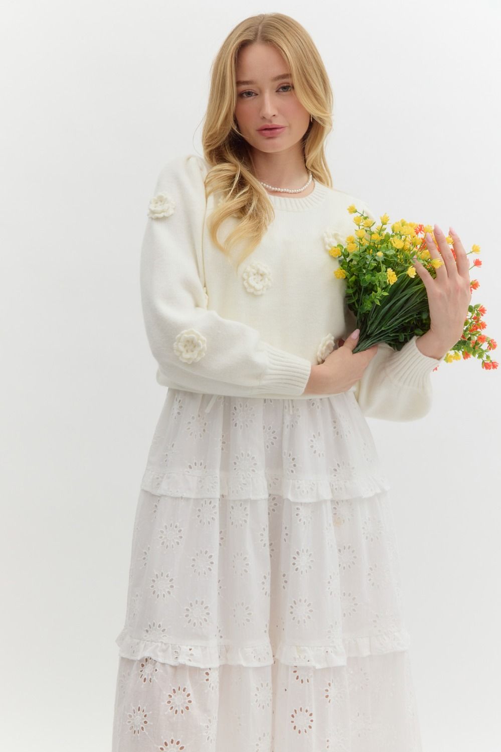 "Bianca" Puff Sleeeve Sweater with Applique' Flowers, 2 Colors - The Katie Grace Boutique