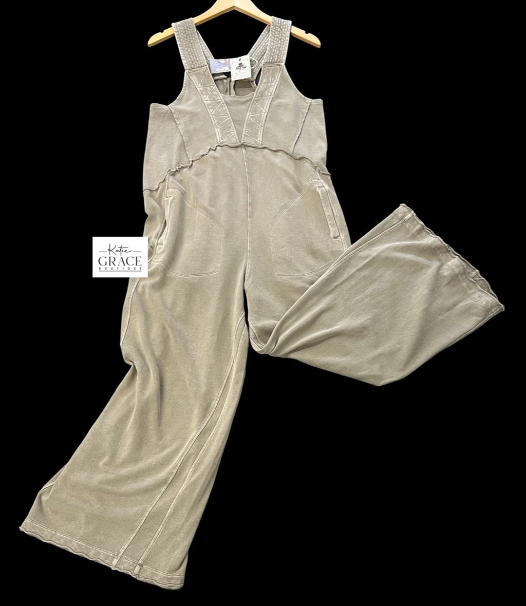 "Briella" Mineral Washed Jumpsuit, Stone - The Katie Grace Boutique