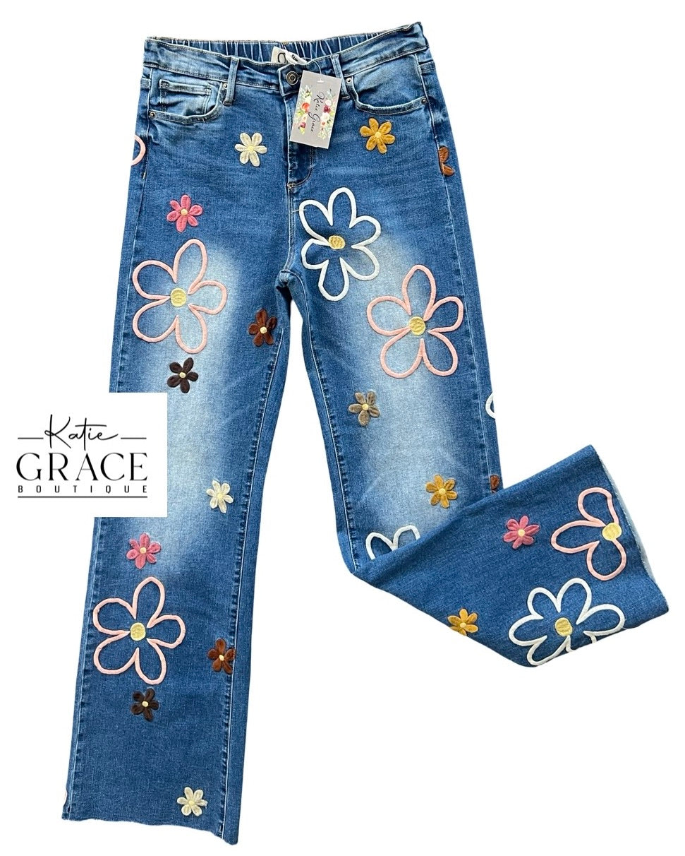 "Lainey" Embroidered Jeans - The Katie Grace Boutique