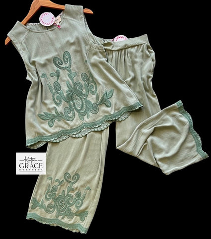 "Charmaine" Embroidered Matching Separates, Sage - The Katie Grace Boutique